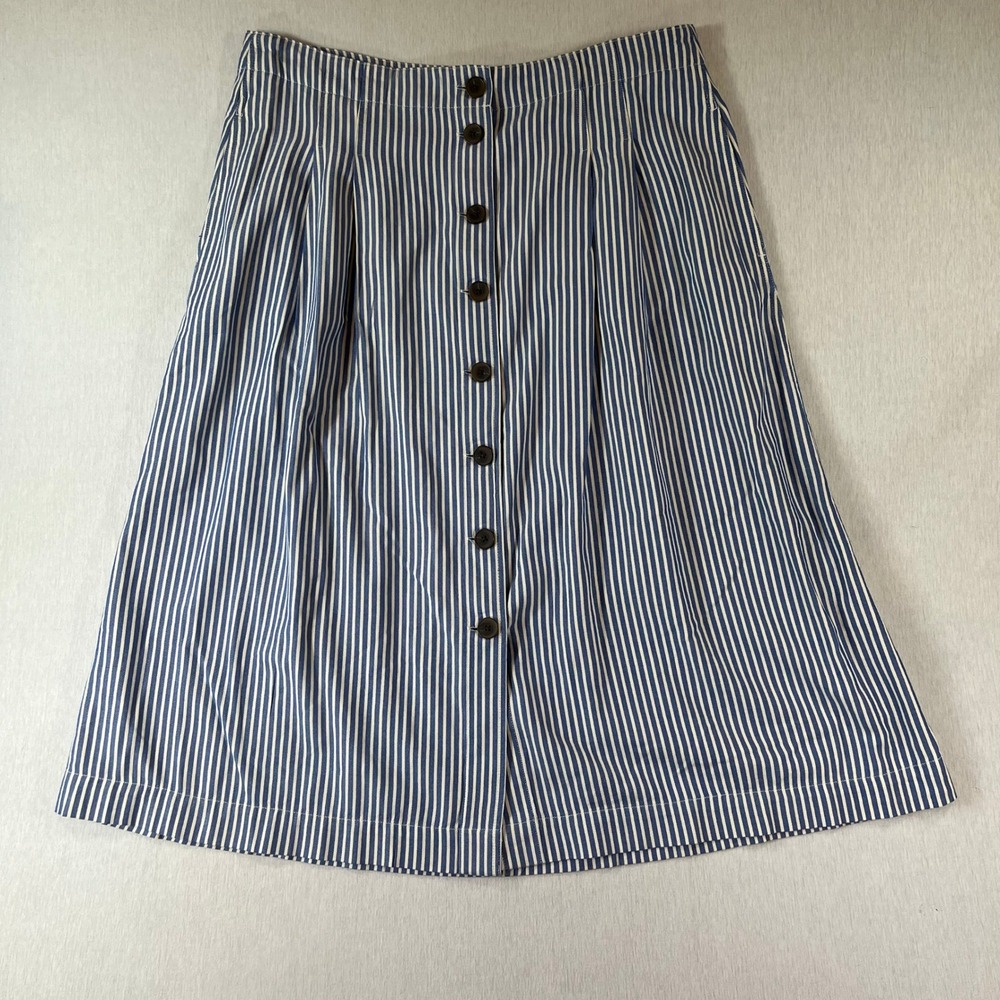 Talbots Midi Skirt 16 Blue White Striped Button Front Cotton Rayon Pleated